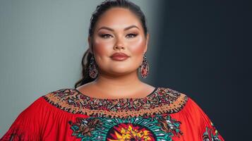 Portrait Of Confident Plus Size Model In Vibrant Ethnic Attire With Intricate Embroidery And Bold Makeup, Showcasing Cultural Pride And Elegance In Contemporary Plus Size Fashion Photography photo