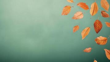 Autumn Leaves Falling Against Green Background Symbolizing Change and Transition in Nature for Seasonal Design Projects photo