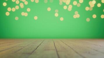 Vibrant Yellow Bokeh Lights on Green Screen Background with Wooden Floor for Festive Designs and Holiday Events photo