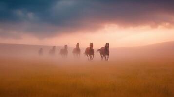 Herd of Wild Horses Galloping Freely Across Open Plains at Sunset Under Dramatic Skies Creating a Sense of Freedom and Adventure in a Misty Meadow Landscape Scene with Dreamy Atmosphere photo