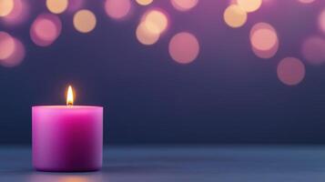 Flaming Purple Aroma Candles at Night on Blurred Dark Background with Soft Bokeh Lighting for Relaxation and Tranquil Ambiance in Spa and Meditation Settings photo