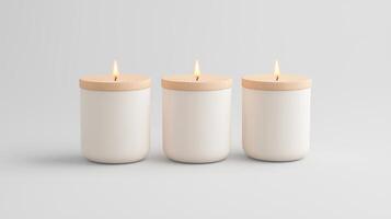 Minimalist Candle Trio with Wooden Lids in Soft Lighting Modern Home Decor Aesthetic with Natural Elements for Relaxing Ambiance Scandinavian Design Style on Clean Background photo