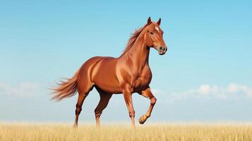 Majestic Chestnut Horse Galloping Gracefully Across a Sunlit Open Plain with Flowing Mane Against Blue Sky Horizon photo