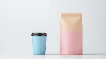 Coffee Cup and Packaging Design on Soft Gradient Background in Minimalist Style Highlighting Contemporary Branding Concepts photo