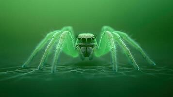 Vivid Green Spider on Web with Green Screen Background for Nature Photography and Design in a Terrarium Setting Emphasizing Close-Up Macro Detail and Color Contrast photo