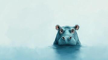 Hippo Peeking Above Water Surface With Eyes and Ears Visible in Minimalistic Artistic Style Illustration for Nature Wildlife Art and Calm Tranquil Themes photo