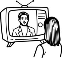A character watching tv icon in doodle style vector
