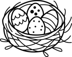 Bird nest with decorative eggs icon in doodle style vector