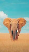 Majestic African Elephant Standing in Golden Grassland Under Blue Sky in Africa Vertical Wildlife Photography Close Up photo