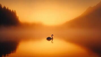 Elegant Swan Gliding Across a Tranquil Lake Reflecting Golden Sunrise in Mystical Mountain Landscape with Lush Forests and Majestic Serenity Capturing Nature Beauty and Peaceful Harmony photo