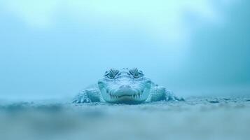 Crocodile Lying with Open Mouth Near Water's Edge in Misty Atmosphere Showcasing Serene Nature Scene with Soft Blue Hues photo