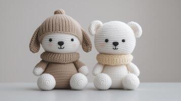 Cute Amigurumi Style Minimalist Stuffed Animals with Knit Hats and Scarves on Neutral Background in AR 16-9 Aspect Ratio for Cozy and Whimsical Design Aesthetics photo