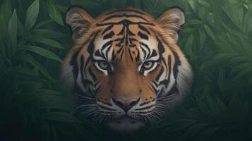 Intense Gaze of a Fierce Tiger Amidst Dense Green Jungle Foliage Celebrating International Tiger Day with Majestic Prowling and Powerful Presence in Natural Wild Habitat, Wildlife Conservation photo