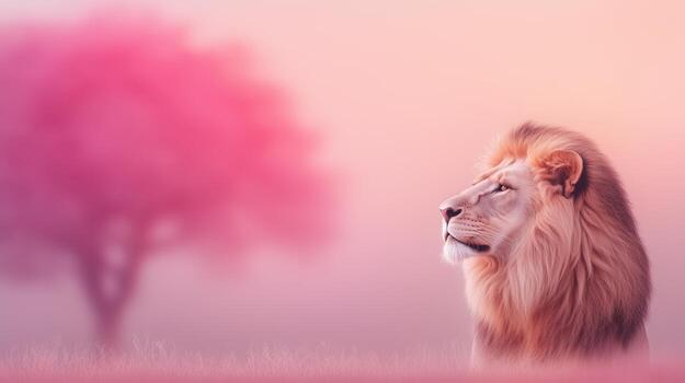 majestuoso león retrato en vibrante neón Encendiendo con suave pastel antecedentes y soñador árbol en empañado paisaje para moderno Arte diseño tendencia inspiración foto