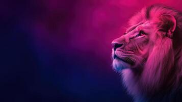 Majestic Lion Portrait in Vibrant Neon Lighting with Pink and Blue Hues, Perfect for Modern Design and Creative Projects, Wildlife Art, Bold Colorful Aesthetic Ideal for Tech and Media photo