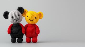 Amigurumi Style Minimalist Crochet Characters with Black and Yellow Yarn in 16-9 Aspect Ratio on Neutral Background photo