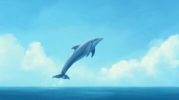 Graceful Dolphin Leaping Out Of Crystal Clear Ocean Waters Under A Vibrant Blue Sky With Puffy White Clouds photo