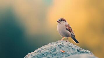 House Sparrow Perched on Rock with Soft Focus Background in Golden Hour Lighting, Highlighting Natural Beauty and Tranquility in Nature Photography with a Calm and Peaceful Vibe photo
