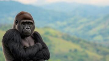 Majestic Gorilla Posing with Arms Crossed in Serene Jungle Setting Against a Lush Green Mountain Landscape photo