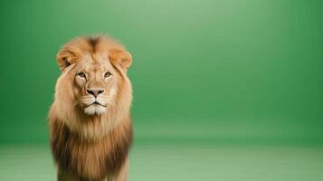 Majestic Lion Posed Against Green Screen Backdrop in Studio Setting for Stock Photography and Conceptual Design Projects Featuring Bold Background and Vintage Circus Elements photo