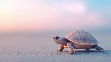 Turtle Crawling on Beach Toward Ocean at Sunset for International Turtle Day, Emphasizing Conservation Themes and Marine Life Amidst Serene Natural Setting with Pastel Colors and Soft Lighting photo