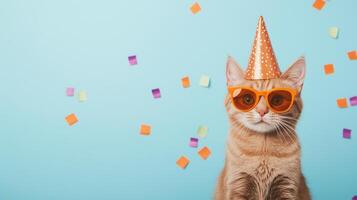 Orange Tabby Cat With Party Hat and Sunglasses on Blue Background With Colorful Confetti Perfect for Celebration and Festive Themes and Pet Lifestyle and Quirky Holiday Designs photo