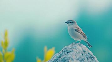 Tranquil House Sparrow Perched on Rock in Nature Setting with Soft Focus Background Showcasing Elegance and Simplicity photo