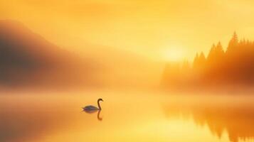 Solitary swan on a calm lake at sunrise surrounded by misty mountains and pine trees. Tranquil golden hour scenery for nature and landscape themes. photo