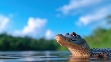 Crocodile Resting with Open Mouth by Water Edge Against Lush Greenery and Blue Sky Background in Sunny Daytime Nature Wildlife Photography photo