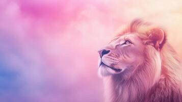 Majestic Lion with Vibrant Neon Lighting on Abstract Background Exhibiting Noble Expression and Colorful Artistic Style Suitable for Modern Wall Art or Wildlife Conservation Awareness photo