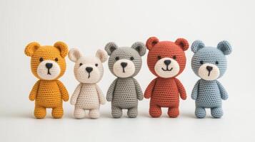 Cute Amigurumi Bears in Minimalist Style with Assorted Colors and Expressions Against White Background photo