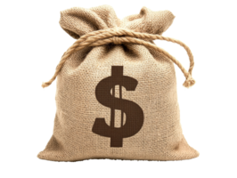 Burlap sack filled with money on a flat surface png