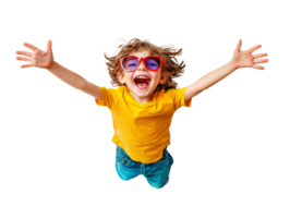 Child jumping with joy in bright colored clothing png