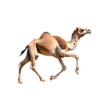 Camel running across a sandy desert landscape png