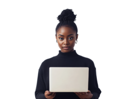 Focused woman with laptop in modern space png
