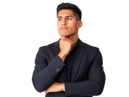 Man in formal attire contemplating his next steps png