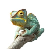 Colorful chameleon perched on a branch in sunlight png
