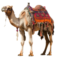 Camel with colorful saddle decorations in desert png