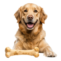 Happy golden retriever with a chew bone in view png