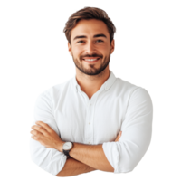 Smiling man with crossed arms in a casual setting png