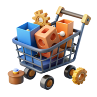 Shopping Cart with Colorful Blocks and Gears A 3D Render png