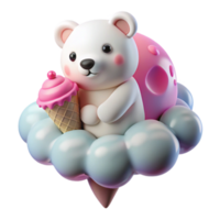 Adorable Bear Cub on Cloud with Ice Cream Cone png