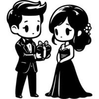Man in a classic suit gives gift to beautiful woman in evening dress on anniversary of newlyweds in monochrome. Simple minimalistic in black ink drawing on white background vector