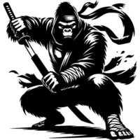 Ninja master baboon in katana sword attacking position in monochrome. Ape fighter of secret clan animal roars. Tattoo minimalistic in black ink drawing on white background vector