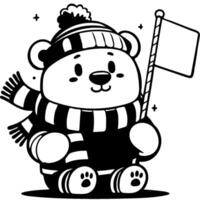 Hockey fan polar bear in winter clothes with flag pennant of favorite team in hand in monochrome. Simple minimalistic in black ink drawing on white background vector