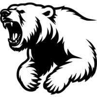 Head and body of enraged bear roaring and flying into attack in monochrome. Simple minimalistic in black ink drawing on white background vector