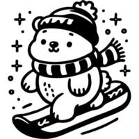 Polar bear cub in scarf and hat rides snowboard in monochrome. Simple minimalistic in black ink drawing on white background vector