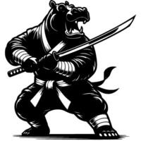 Ninja hippo master in katana sword attacking position in monochrome. Hippopotamus fighter of secret clan animal roars. Tattoo minimalistic in black ink drawing on white background vector
