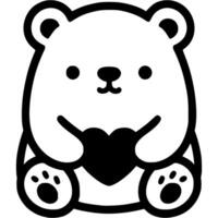 Polar bear holding heart shaped card in monochrome. Simple minimalistic in black ink drawing on white background vector