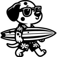Dalmatian puppy carries surfboard to ocean in monochrome. Simple minimalistic in black ink drawing on white background vector